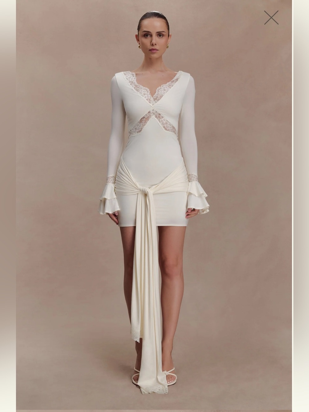 Meshki Cream Lace-Trim Long Sleeve Mini Dress with Draped Sash